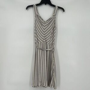 A New Day Skater Dress Fit Flare Beige Blue Stripe Sleeveless V Neck Bel…